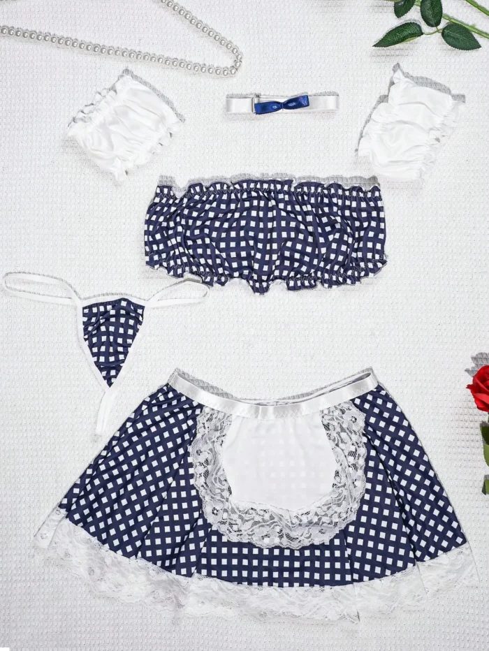 Cute Blue Gingham Lace Trim French Maid Costume with Apron and Bow Decor - Image 8