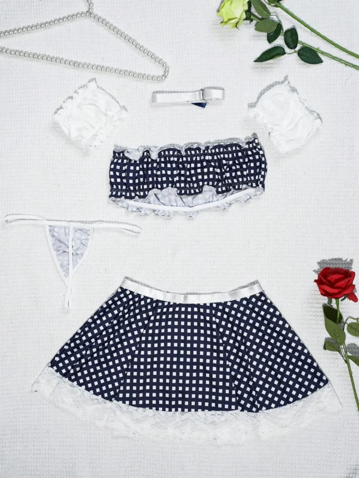 Cute Blue Gingham Lace Trim French Maid Costume with Apron and Bow Decor - Image 9