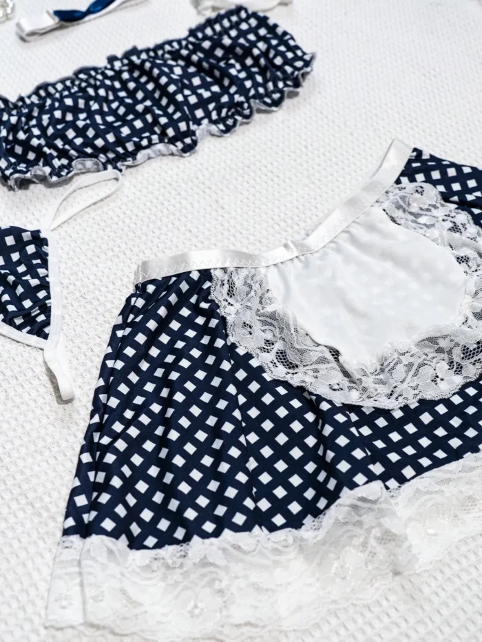 Cute Blue Gingham Lace Trim French Maid Costume with Apron and Bow Decor - Image 10