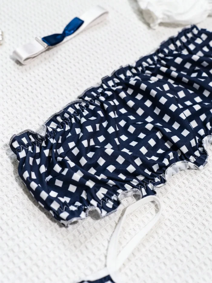 Cute Blue Gingham Lace Trim French Maid Costume with Apron and Bow Decor - Image 11