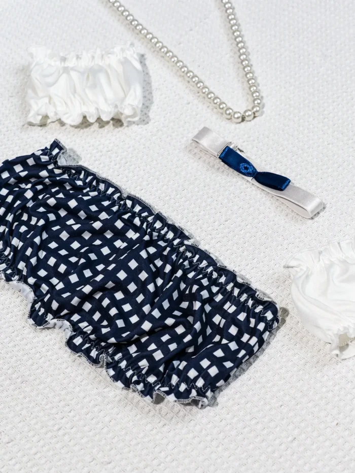 Cute Blue Gingham Lace Trim French Maid Costume with Apron and Bow Decor - Image 12