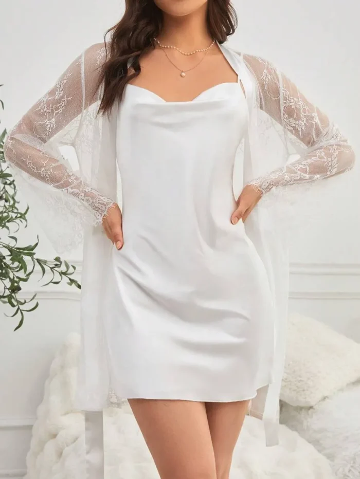 Lace Robe And Satin Slip Dress Sleepwear Set Pajama Set - Image 8