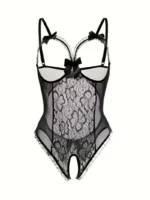 Sexy Floral Lace Trim Open Bust Crotchless Teddy Lingerie