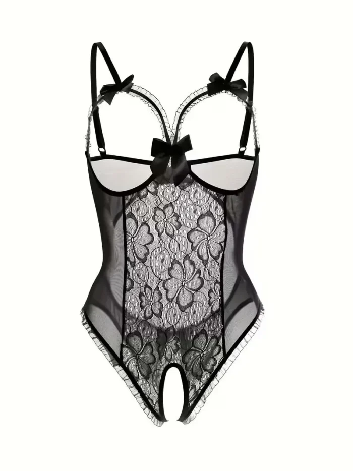 Sexy Floral Lace Trim Open Bust Crotchless Teddy Lingerie - Image 1