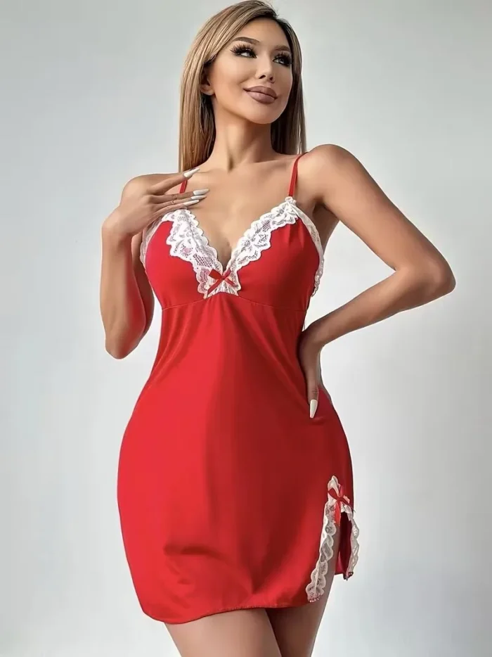 Lace Trim Hip-Hugging Side Slit Chemise Nightgown - Image 18
