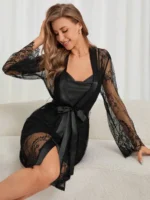 Lace Robe And Satin Slip Dress Sleepwear Set Pajama Set - Image 17