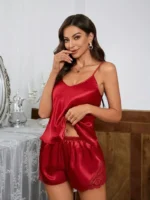 Satin Lace-Trim Cami Shorts Pajamas Set - Image 11