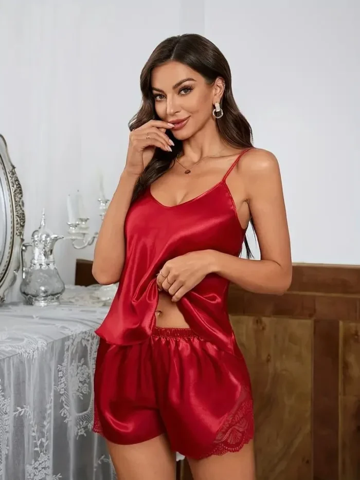 Satin Lace-Trim Cami Shorts Pajamas Set - Image 11