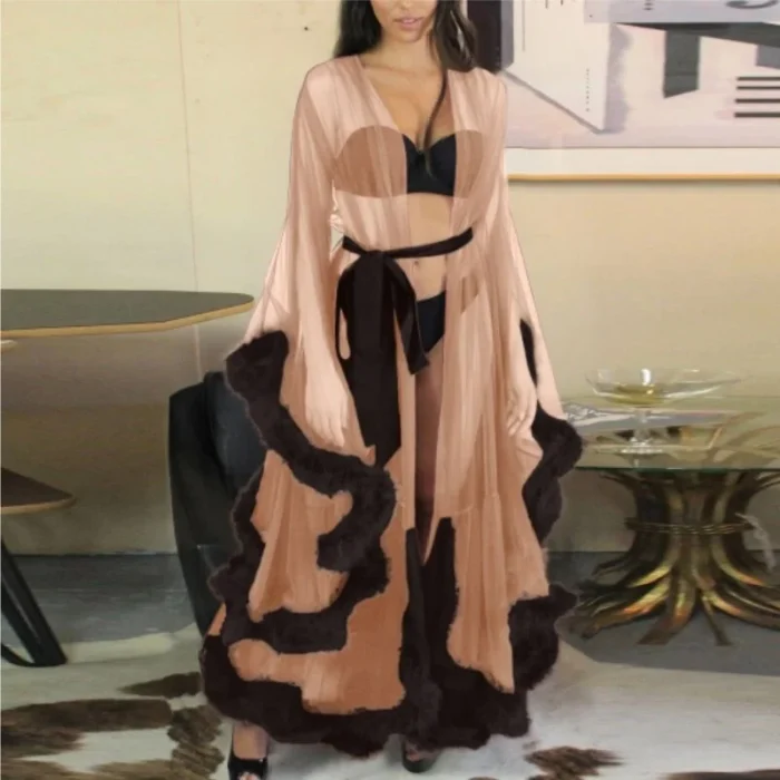 Glamorous Sheer Feather Trim Long Robe - Image 7
