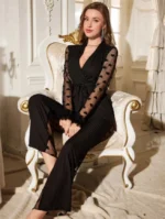 3D Floral Trim Heart Jacquard Splice Sheer Long Sleeve Top And Pants Pajama Set - Image 10
