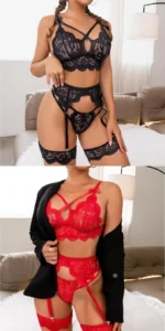 5-Piece Sheer Floral Lace Bra & Panty Sexy Lingerie Set With Garter Belt - Image 10