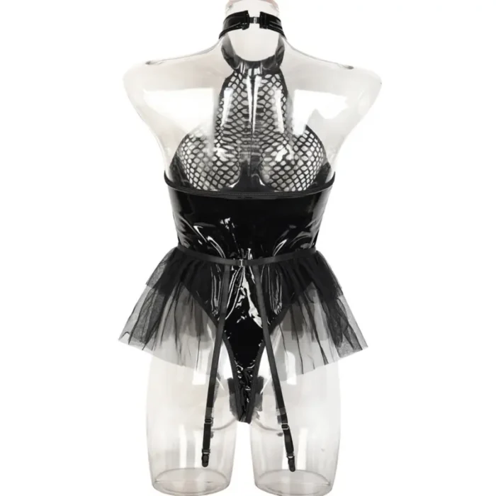 Latex Teddy Babydolls Leather Fishnet See-Through Teddy Lingerie Zip Crotch Bodysuits - Image 11