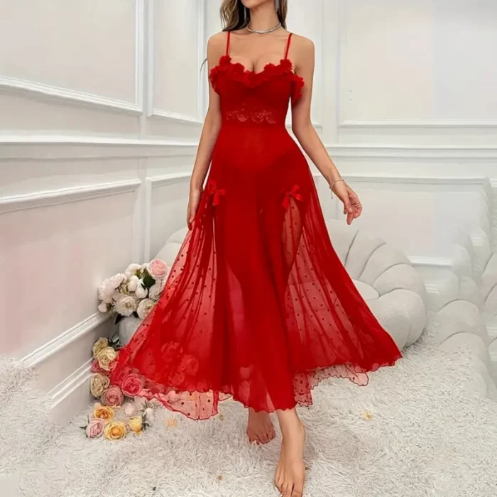Sexy Sheer Mesh Lace Polka Dot Long Nightdress Babydoll Lingerie For Bridal Honeymoon Wedding - Image 1