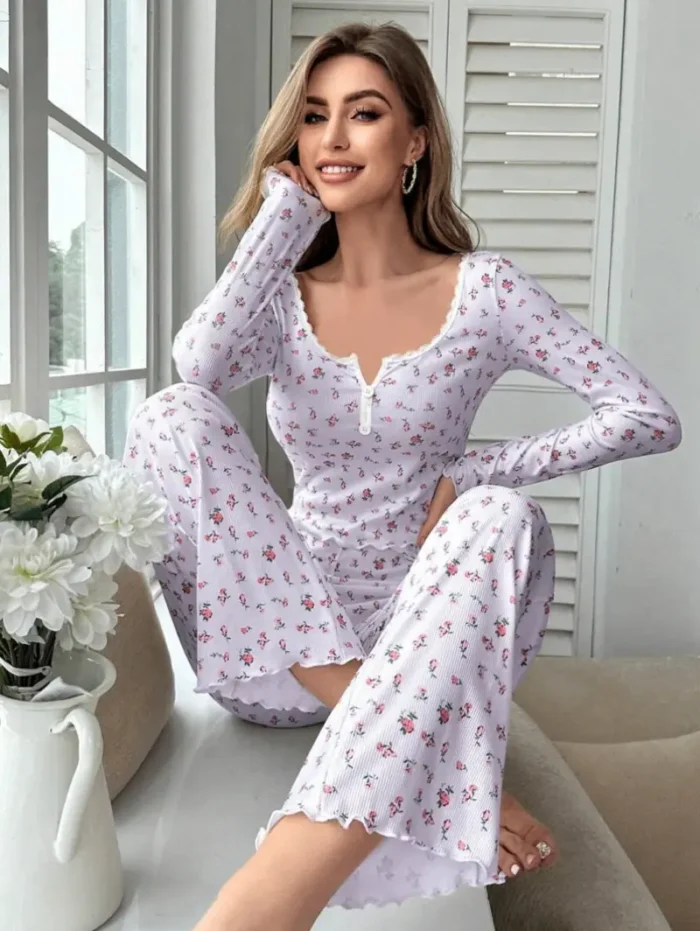 Two-Piece Floral Print Long Sleeve & Pants Pajama Set - Image 2