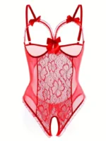 Sexy Floral Lace Trim Open Bust Crotchless Teddy Lingerie - Image 7