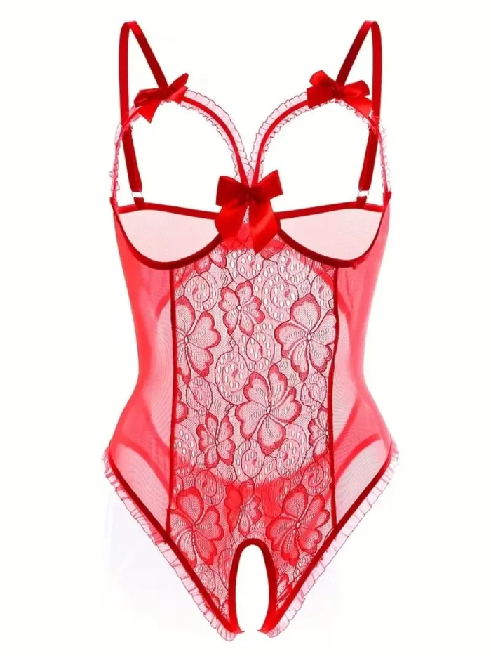 Sexy Floral Lace Trim Open Bust Crotchless Teddy Lingerie - Image 7