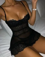 Crochet Lace Sheer Mesh Babydoll with Spaghetti Straps and Panty - Black