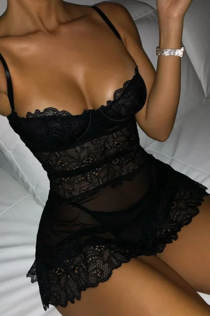 Crochet Lace Sheer Mesh Babydoll with Spaghetti Straps and Panty - Black