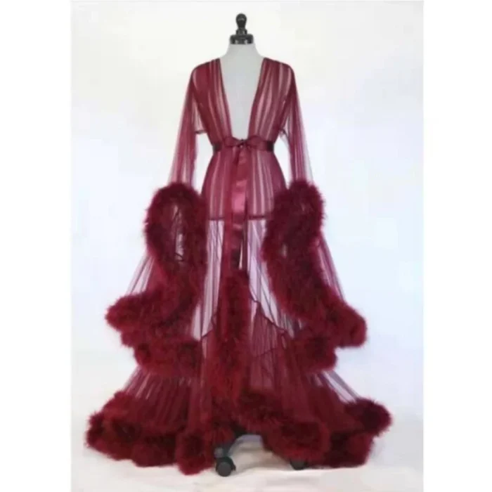 Glamorous Sheer Feather Trim Long Robe - Image 3