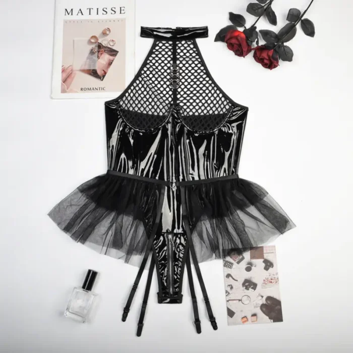 Latex Teddy Babydolls Leather Fishnet See-Through Teddy Lingerie Zip Crotch Bodysuits - Image 12
