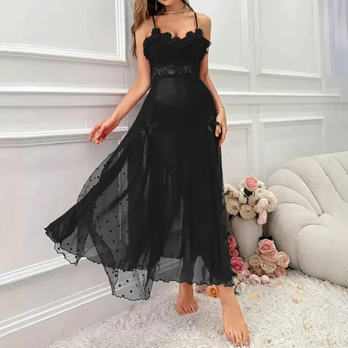 Sexy Sheer Mesh Lace Polka Dot Long Nightdress Babydoll Lingerie For Bridal Honeymoon Wedding - Image 11