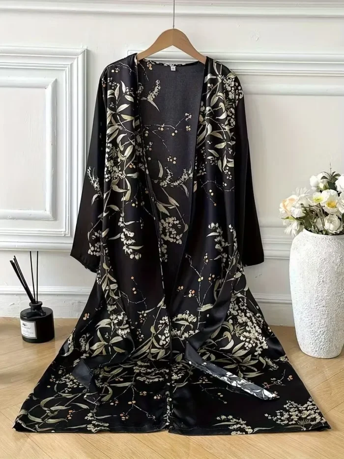 Floral Print Satin Robe with V-Neck and Belt - Image 13