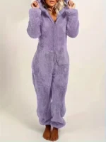 Cozy Fuzzy Hooded Onesie Pajamas for Women – Long Sleeve Zip Up Jumpsuit Sleepwear