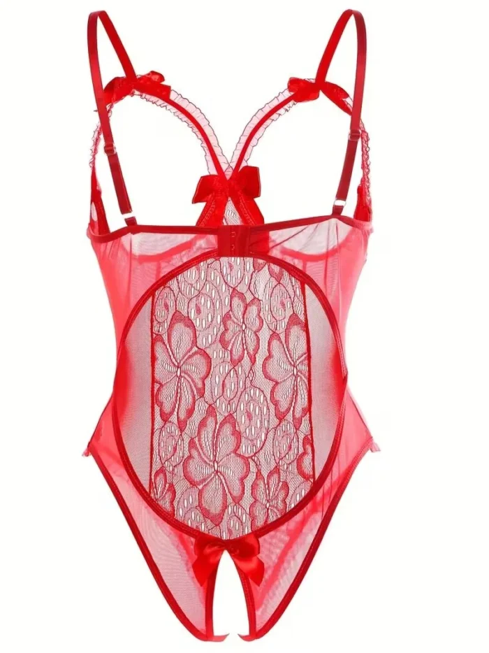 Sexy Floral Lace Trim Open Bust Crotchless Teddy Lingerie - Image 8