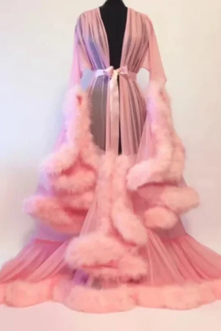 Glamorous Sheer Feather Trim Long Robe