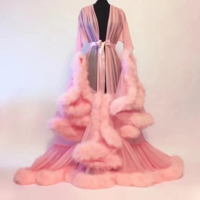 Glamorous Sheer Feather Trim Long Robe - Image 1