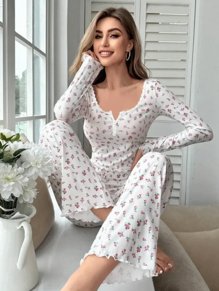 Two-Piece Floral Print Long Sleeve & Pants Pajama Set - Image 13