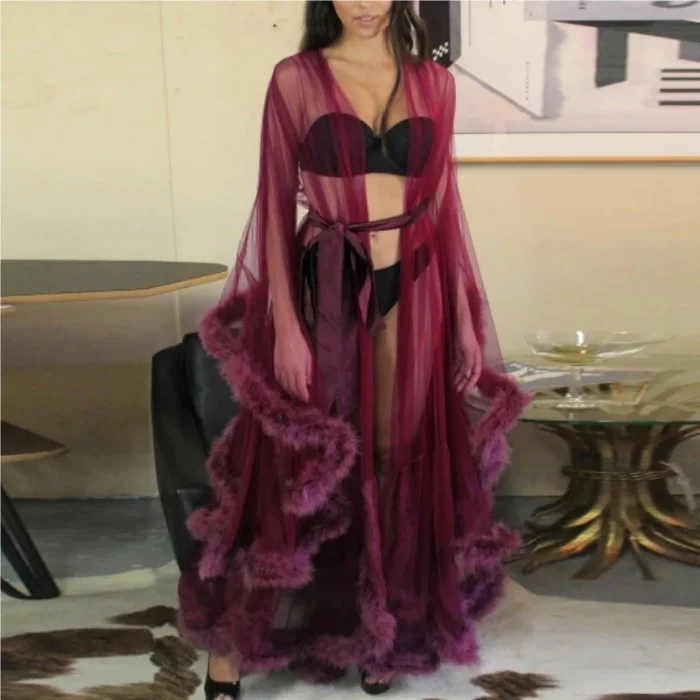 Glamorous Sheer Feather Trim Long Robe - Image 4