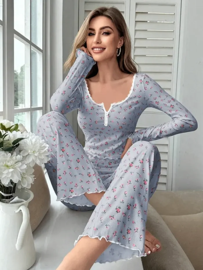 Two-Piece Floral Print Long Sleeve & Pants Pajama Set - Image 14