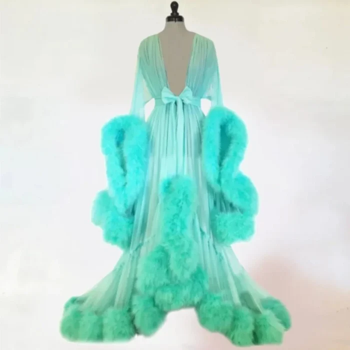 Glamorous Sheer Feather Trim Long Robe - Image 12