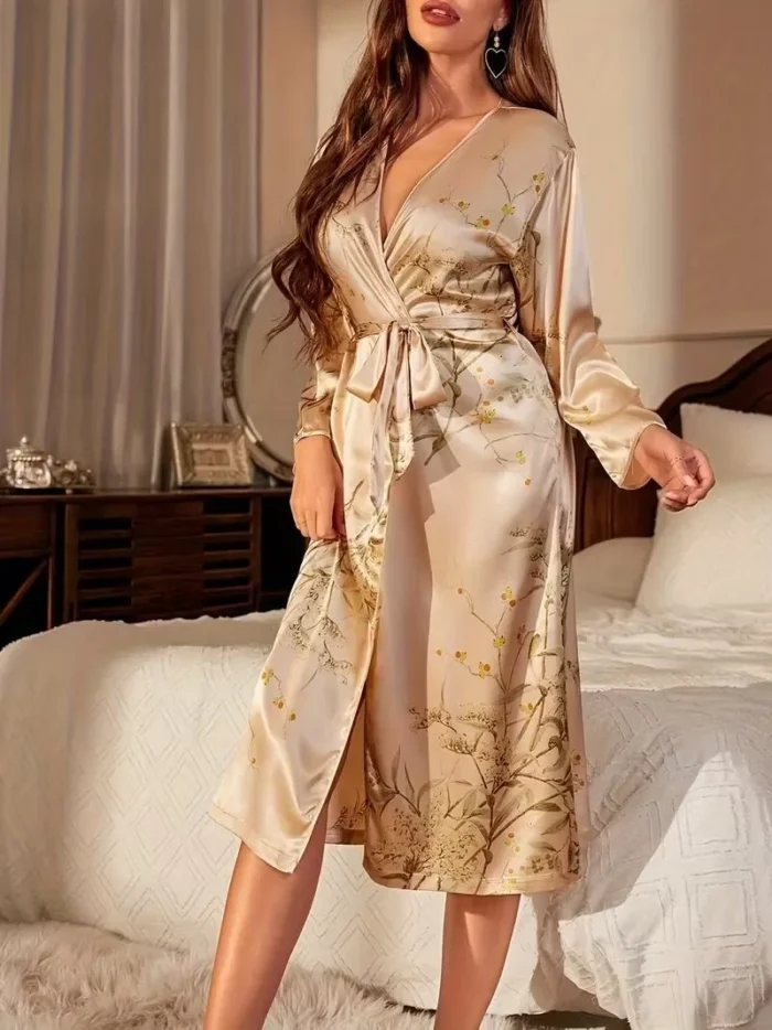 Floral Print Satin Robe with V-Neck and Belt - Image 15