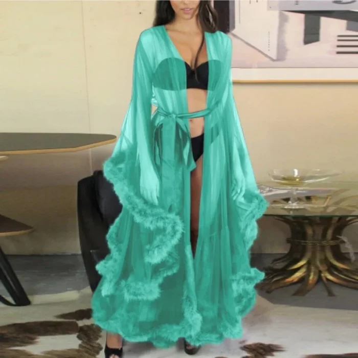 Glamorous Sheer Feather Trim Long Robe - Image 13