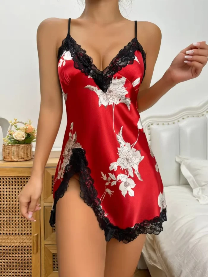 Sexy Criss Cross Backless Silk Satin Slip Dress – Lace Trim V Neck Split Thigh Nightgown Loungewear - Image 28
