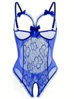 Sexy Floral Lace Trim Open Bust Crotchless Teddy Lingerie - Image 17