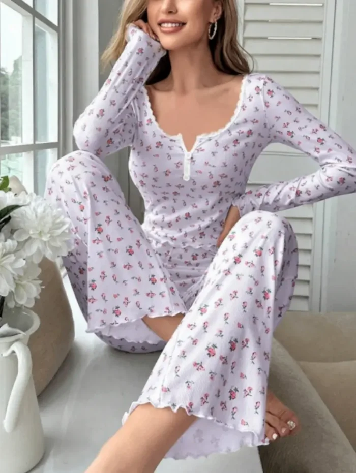 Two-Piece Floral Print Long Sleeve & Pants Pajama Set - Image 1
