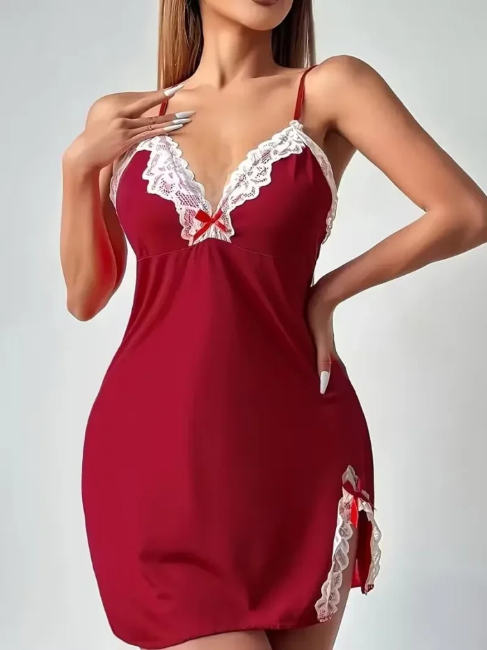 Lace Trim Hip-Hugging Side Slit Chemise Nightgown - Image 8