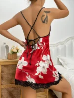 Sexy Criss Cross Backless Silk Satin Slip Dress – Lace Trim V Neck Split Thigh Nightgown Loungewear - Image 30