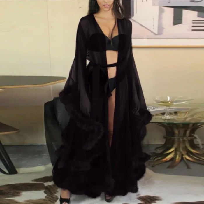 Glamorous Sheer Feather Trim Long Robe - Image 9