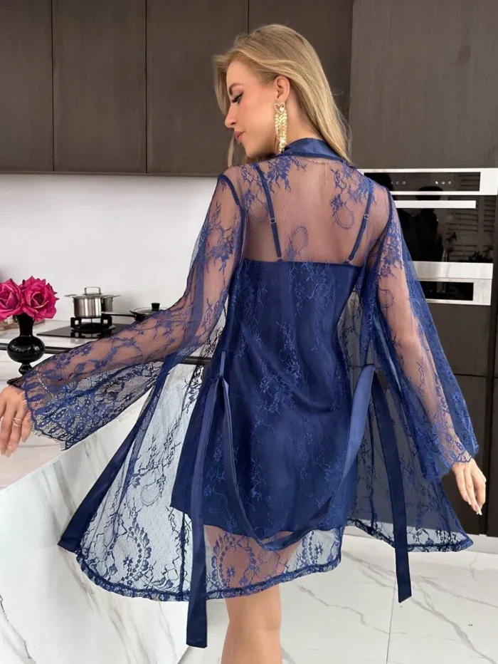 Lace Robe And Satin Slip Dress Sleepwear Set Pajama Set - Image 3