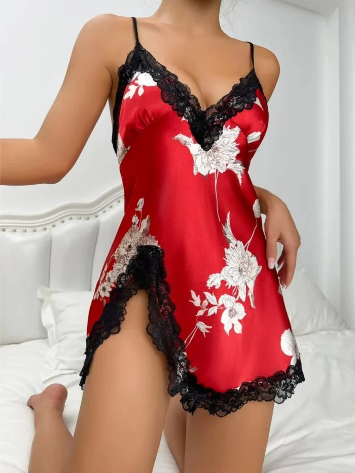 Sexy Criss Cross Backless Silk Satin Slip Dress – Lace Trim V Neck Split Thigh Nightgown Loungewear - Image 32