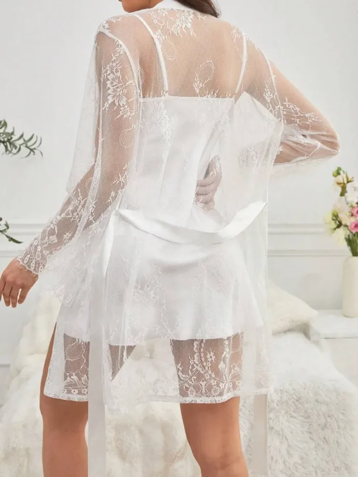 Lace Robe And Satin Slip Dress Sleepwear Set Pajama Set - Image 9