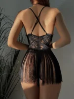 Black Lace Fringe Babydoll Nightdress With Thong Sexy Lingerie Set - Image 3
