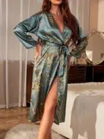 Floral Print Satin Robe with V-Neck and Belt - Image 3