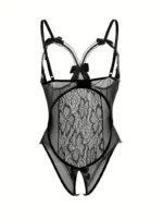 Sexy Floral Lace Trim Open Bust Crotchless Teddy Lingerie - Image 3