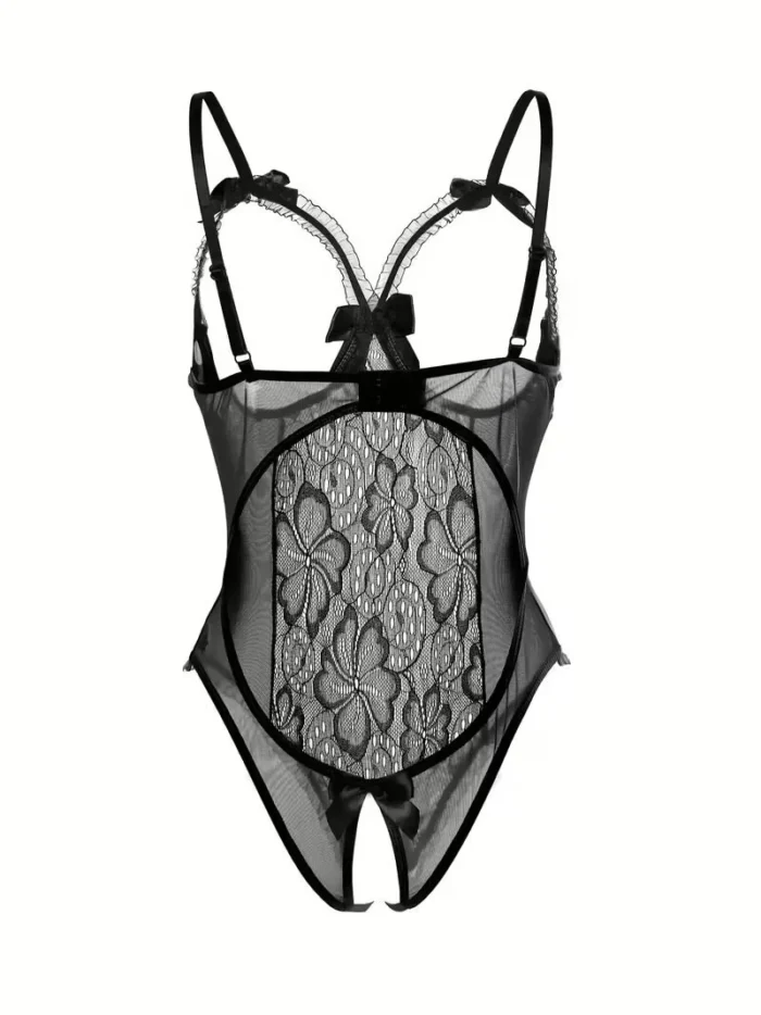 Sexy Floral Lace Trim Open Bust Crotchless Teddy Lingerie - Image 3