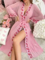 Kiss Me Sheer Mesh Lace Trim Long Robe – Pink